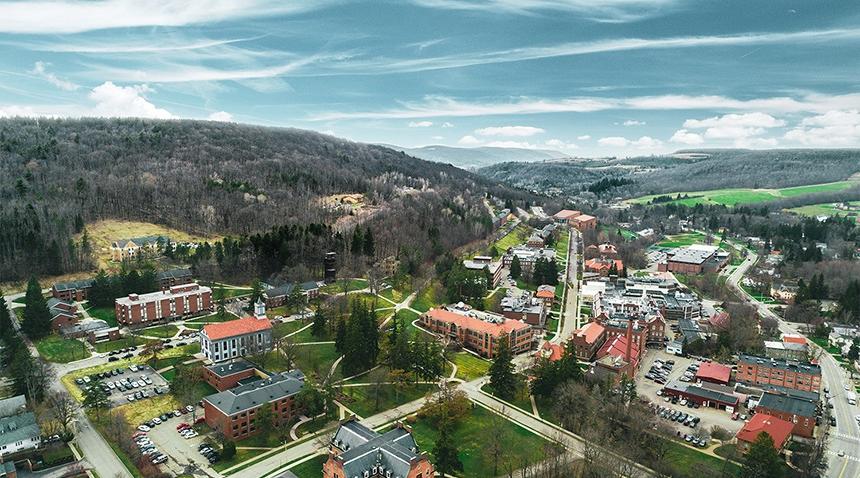 drone shot of campus in spring
