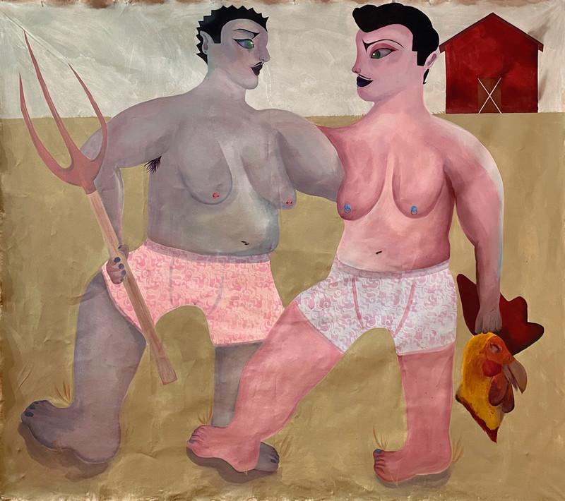 Two butch lesbians with lace boxers, one on the right is holding a farming pitchfork the other is holding the head of a slaughtered rooster. In the distance there is a burning red barn. 